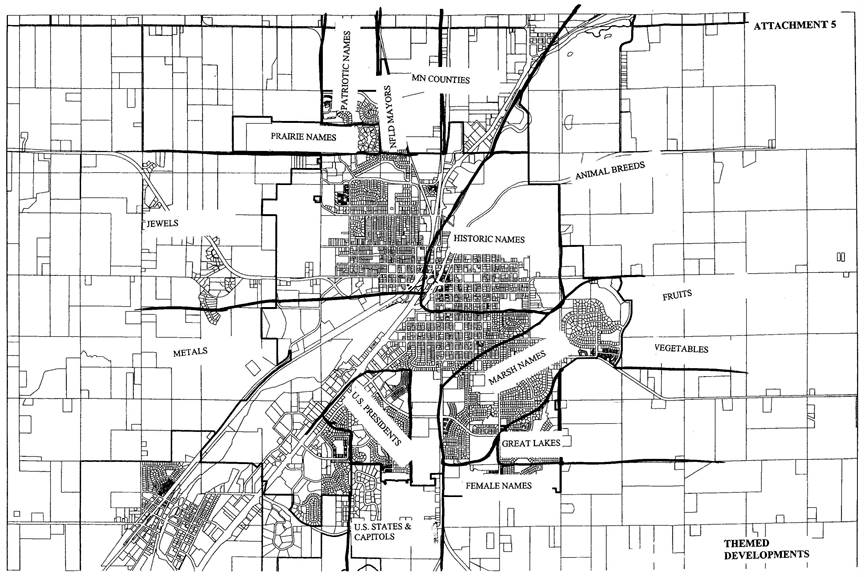 A map of Northfield streets identified by name themes