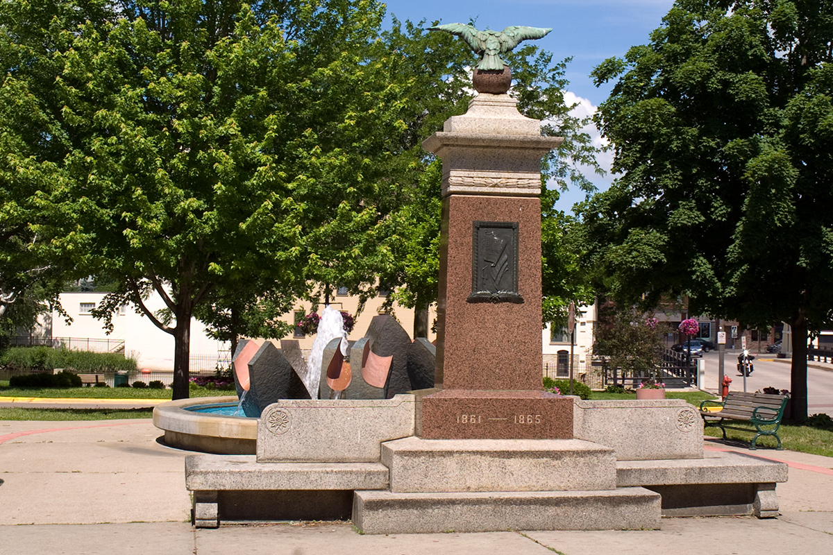 Sculpture in fountain Bridge Square in Northfield MN