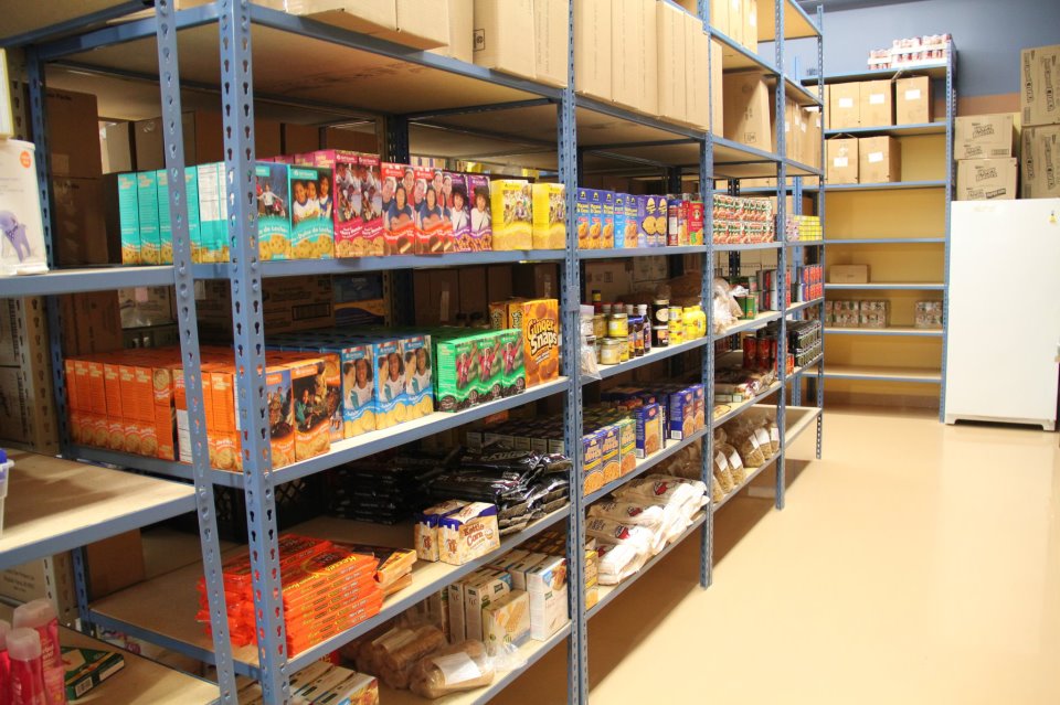 Metal shelves filled with dry foods