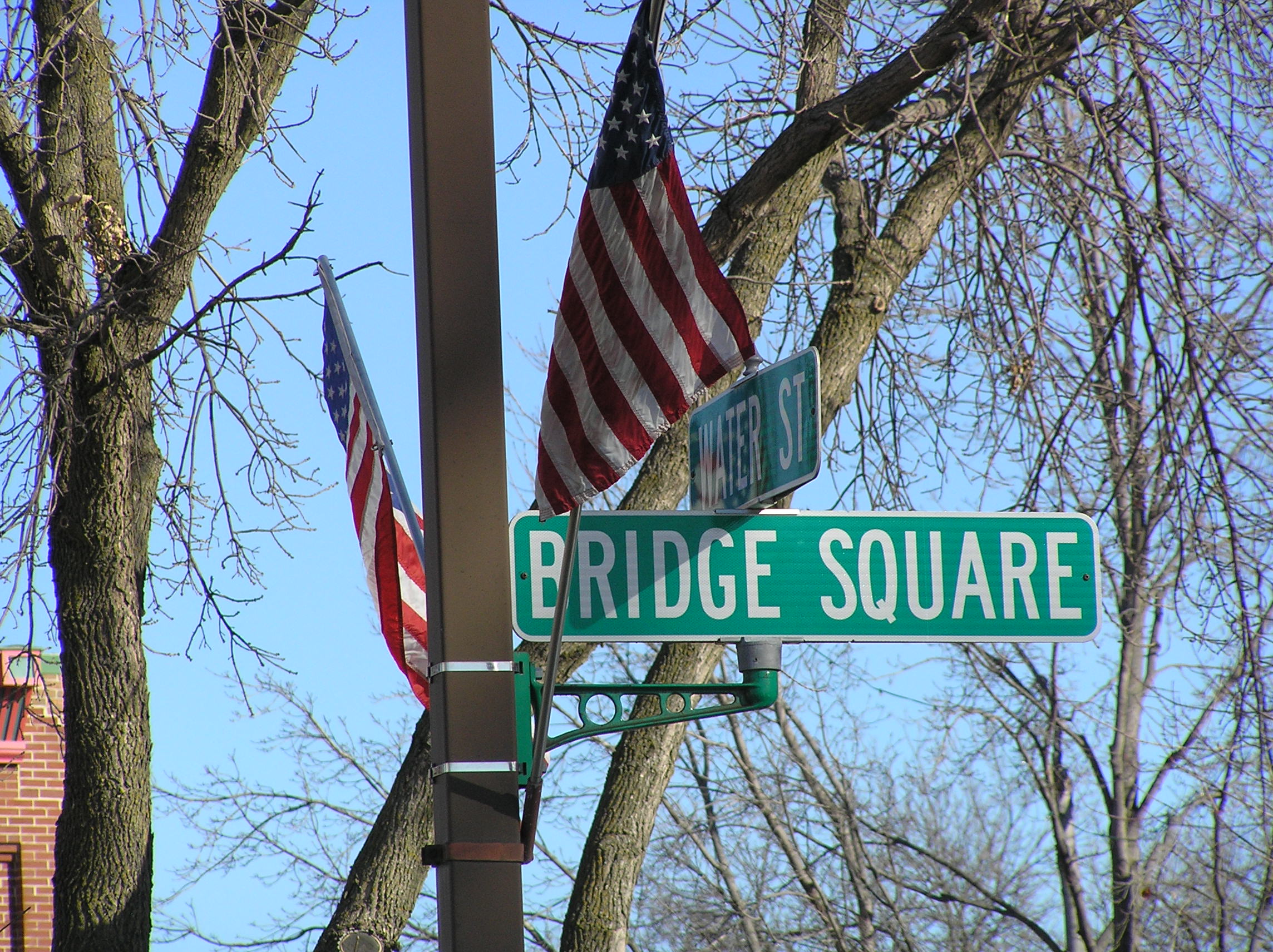Street sign Bridge Square in Northfield MN