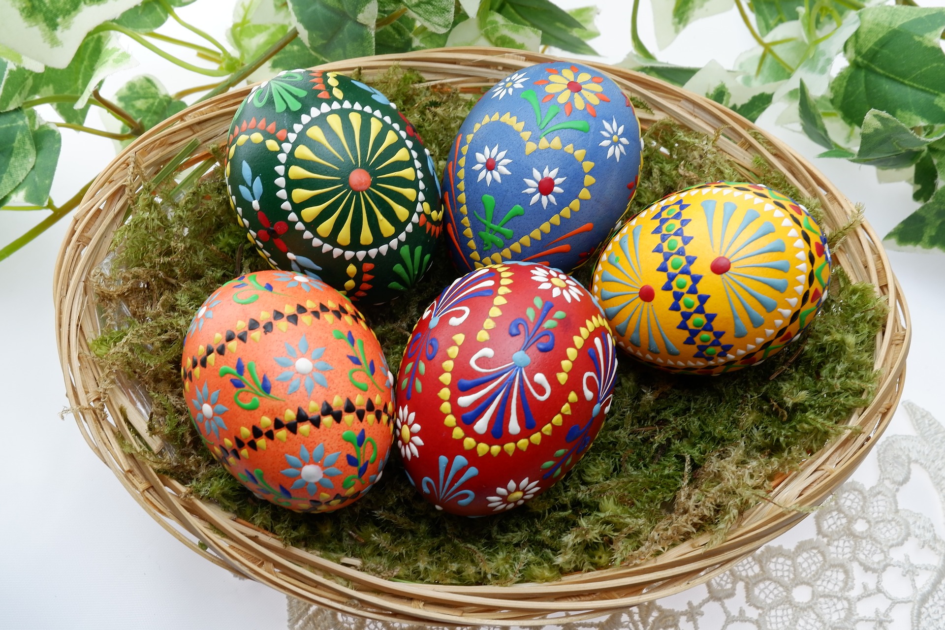 Easter eggs decorated with colorful, intricate patterns in a basket