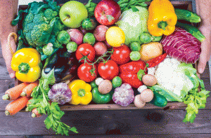Basket of varied, brightly colored vegetables
