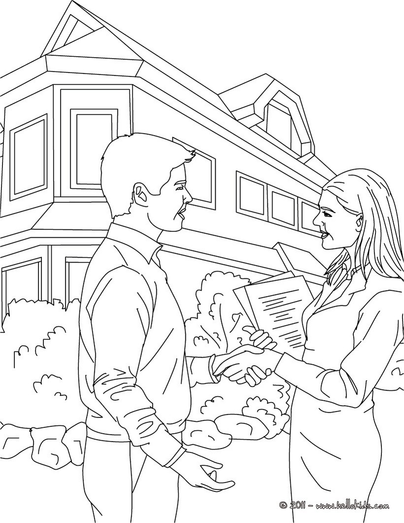 Coloring page of real estate agent talking to man in front of a house